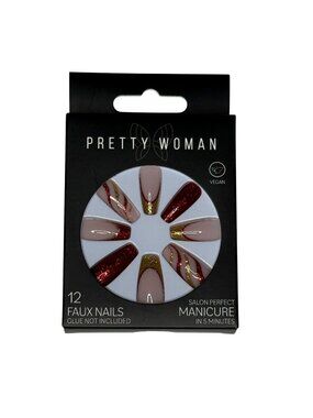 Pretty Woman Press On Nails Nude Red Glitter Almond New